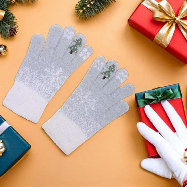 Par vinterstickade pekskärmshandskar - Julgran och snöflinga julhandskar - Varma och vindtäta vinterhandskar