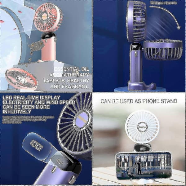 Kompakt, sammenfoldelig og USB-genopladelig lommeventilator, leveres med en duftende snor (blå).