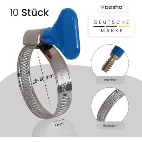 Förpackning med 10 slangklämmor i rostfritt stål med vingmutter - Slangklämma med 9 mm band (25-40 mm blå vingmutter)