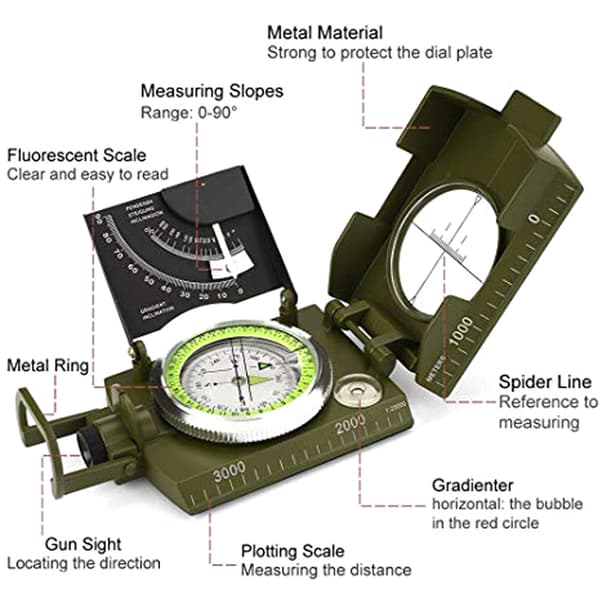 Multifunksjonelt militærkompass i sinklegering med inklinometer for camping, fotturer, jakt
