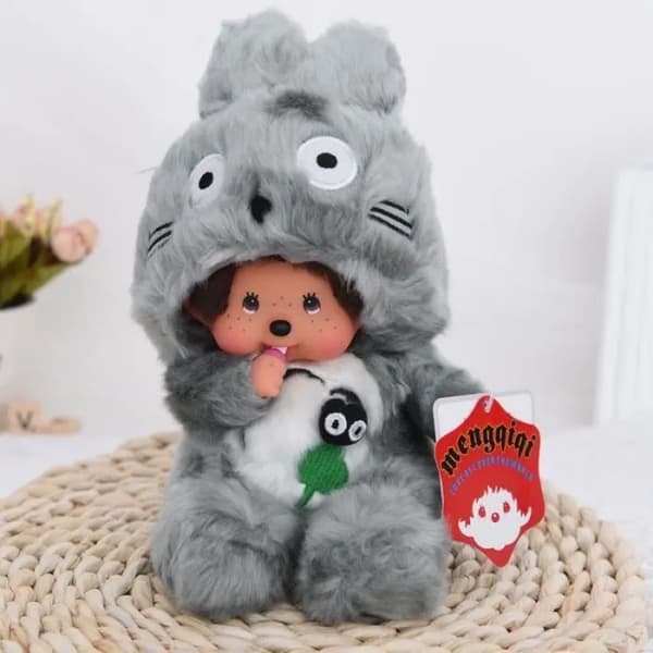 Kiki, Totoro och Monchhichi plyschleksaker, 20 cm, grå, med flaska