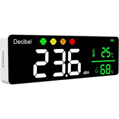 Digital lydniveaumåler (decibelmåler), termometer, hygrometer, 3-i-1 detektor, indendørs vægmontering, storformat billedtester