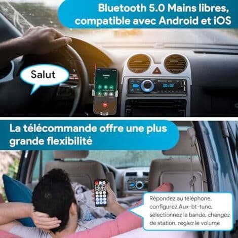 Bluetooth Handsfree Bilradio 5.0, FM-radio, 1 DIN Bilradio för 12V Bilar, Stöder 2 USB/AUX/SD/TF/MP3, Stöder iOS/Android