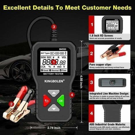 6V 12V 24V Digital Batteritester – 100-2000 CCA Testområde – 1,8\" HD-skjerm