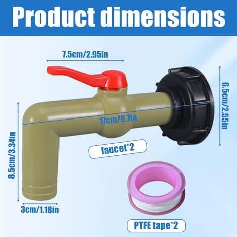 2-delt IBC-beholderkran, 1\" vanntankkran, 32 mm utløpsdiameter med S60 x 6 adapter, for 1000L vanntank