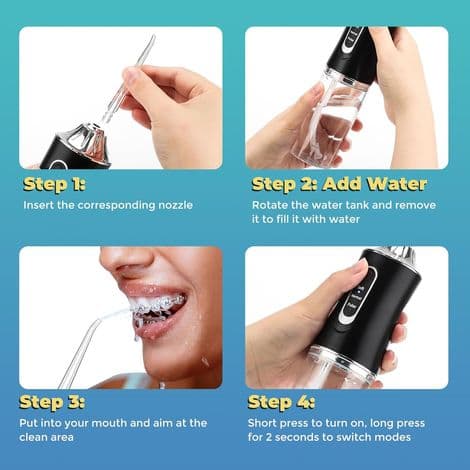 Professionel dental vandflosser, bærbar mundskyller, renser til sundere tænder og tandblegning (Sort)