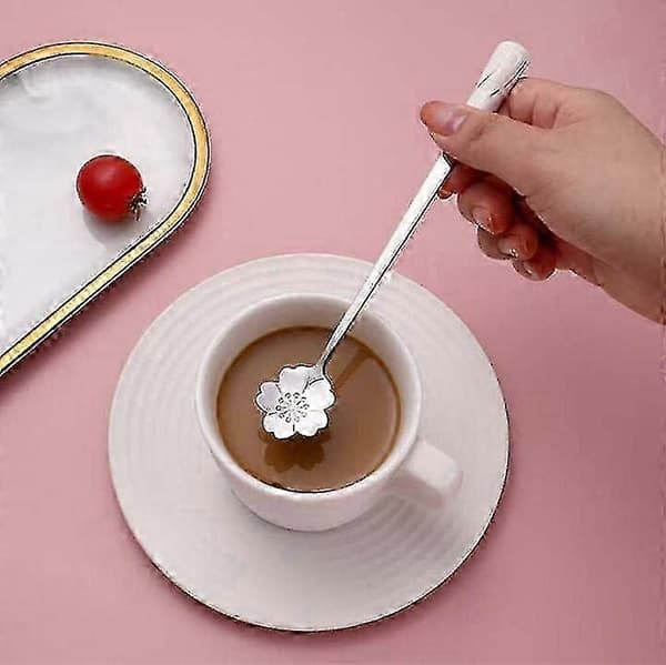 Kaffeskjesett i rustfritt stål (6 deler) - Roseformede keramiske håndtak, egnet for desserter