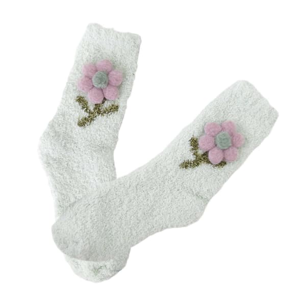 Vintervarme korallfleece gulvsokker for kvinner/jenter, søte 3D blomster plysj sengesokker