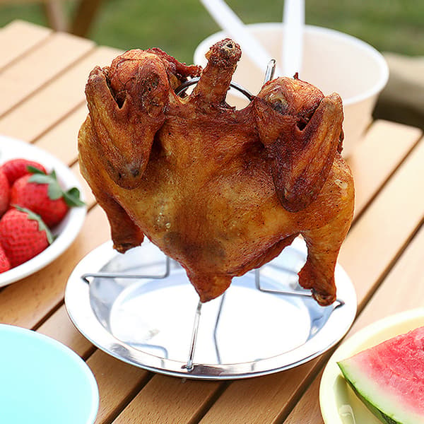 Lodret Kyllingestativ, Rustfrit Stål, Sammenklappeligt, Bærbart med Bakke, til Udendørs Grill.