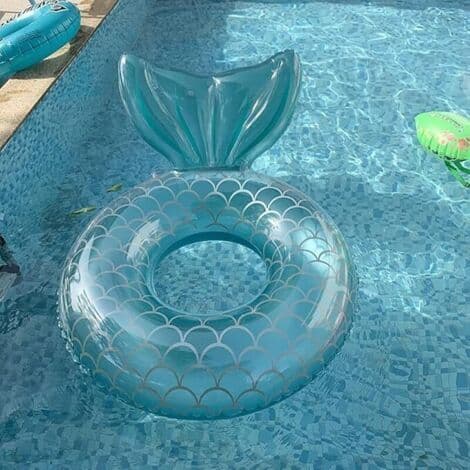 Vuxen sjöjungfruflottör (blå, uppblåst ytterdiameter 110 cm), roligt simtillbehör för pool, pump ingår ej.