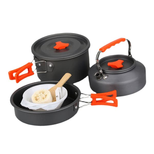 Camping kokekarsett i aluminiumslegering med sammenleggbart håndtak og hardoksidert overflate