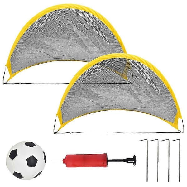 Fodboldlegetøjssæt inkluderer 2 mini fodboldmålnet til børn, 1 fodbold, 1 luftpumpe og 4 pløkker.