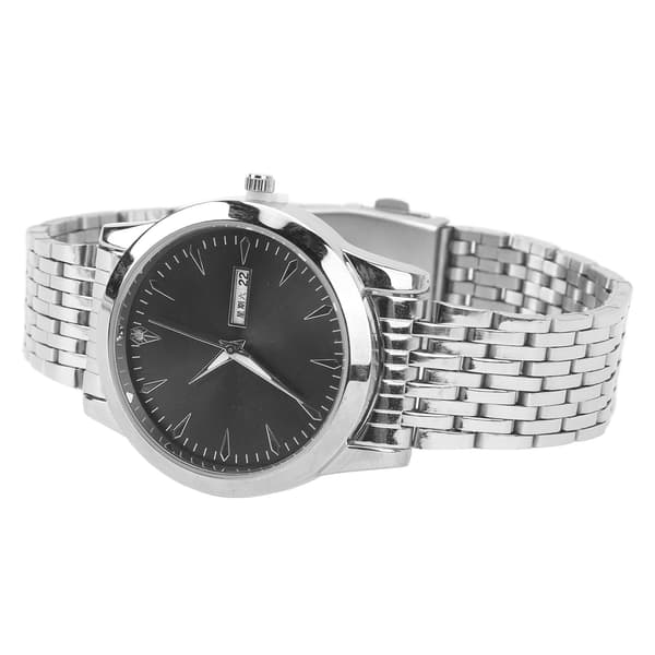 Elegant Klassisk Dual Date Herre Quartz Ur, Rustfrit Stål, Sølv Armbånd, Sort Urskive