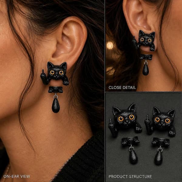 Svart katt langfinger øredobb morsom gotisk stud for Halloween kvinner gave