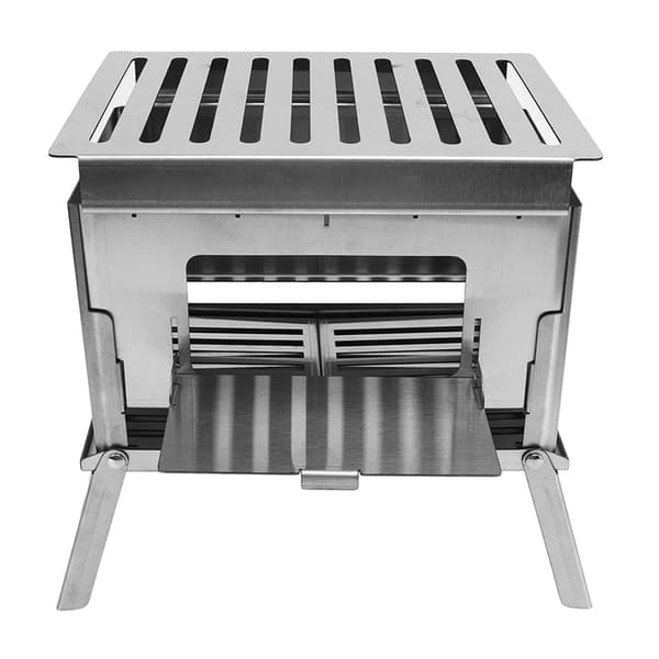 Bærbar sammenklappelig brændeovn i rustfrit stål til camping, grill og udendørs brug.