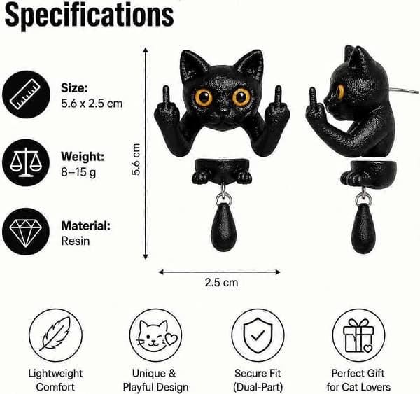 Svart katt langfinger øredobb morsom gotisk stud for Halloween kvinner gave