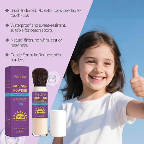 Mineral solpudder for barn med SPF-vurdering, bredspektret solbeskyttelse for ansiktet.