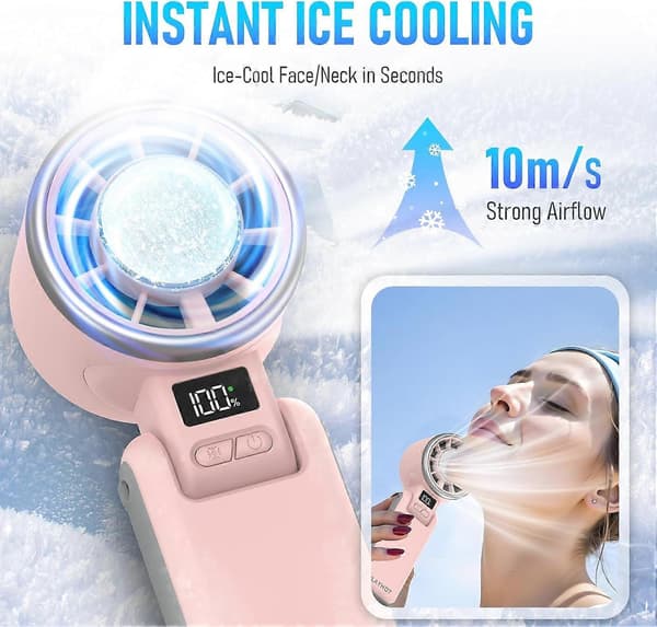 Bærbar ventilator, kraftfuld håndholdt turbineventilator med kølefunktion, foldbar personlig ventilator (pink)