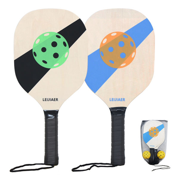 Pickleball-sæt i træ med 2 bat, bolde og netpose til begyndere