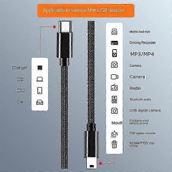 3-meter flettet Type-C til Mini USB datakabel, 5-pin MiniB til Type-C OTG oplader, velegnet til kameraer, game controllere og andre enheder.