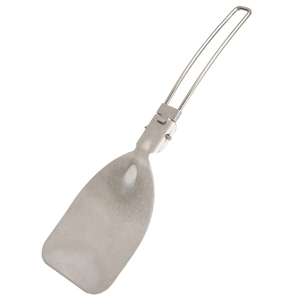 Sammenleggbar stekespade laget av 304 rustfritt stål med låsemekanisme, lett og bærbar for camping og matlaging.
