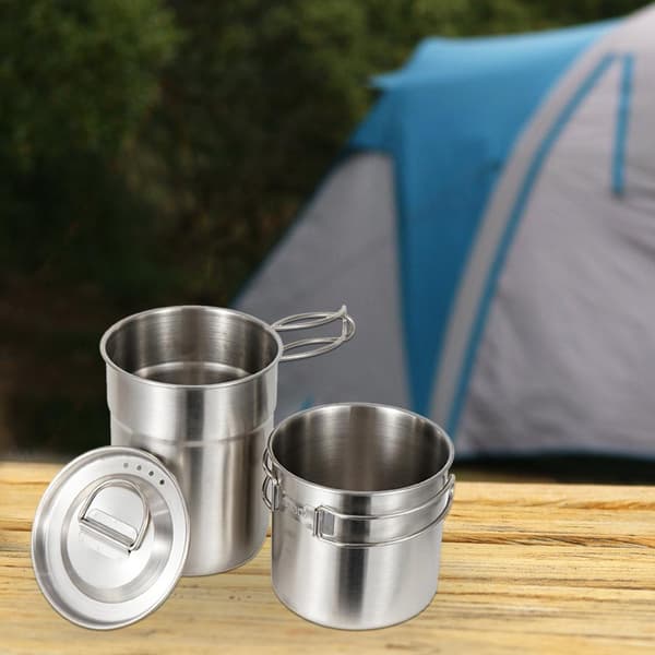 Bærbart kokekarsett i 304 rustfritt stål med gryte og kopp for camping, backpacking og piknik.