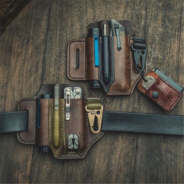 Læder EDC Organizer med Bæltestrop til Pen, Lommelygte og Multifunktionelle Værktøjer