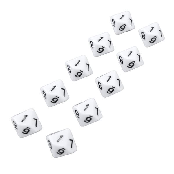 20 tärningar i plast med 10 sidor för spel och fester, vit, speltillbehör