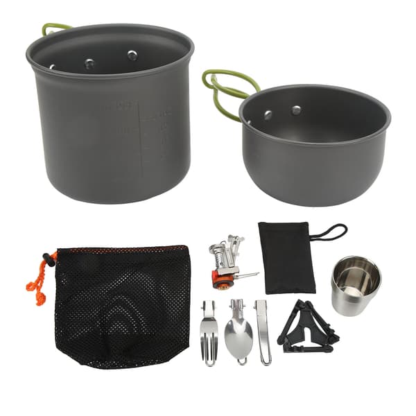Bärbar campingköksutrustning med spis och hopfällbara aluminiumredskap
