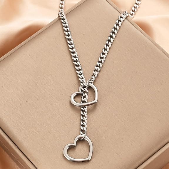 Y-formet choker i rustfritt stål med hjerteformet ring, unisex, punkrock-stil, justerbart Y-formet halskjede.