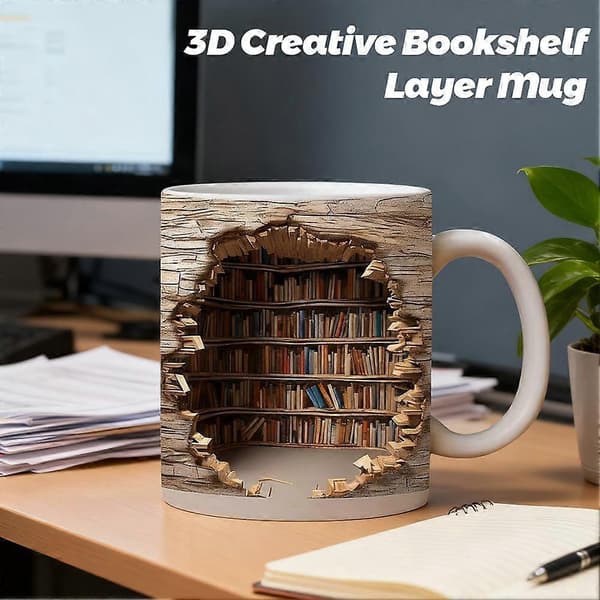 3D Biblioteksmugg - Bokformad mugg med 3D-effekt, kreativ design för ditt utrymme, mångsidig.