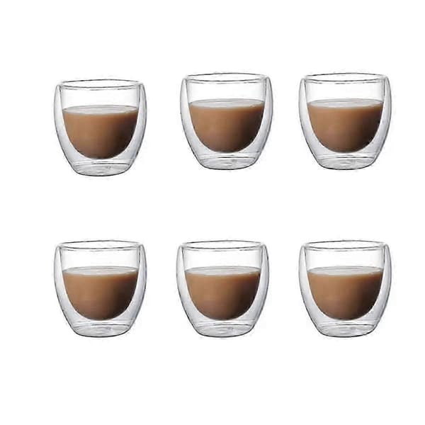 Sett med 6 dobbeltveggede klare kaffekopper i glass med termisk isolasjon, 80 ml hver.