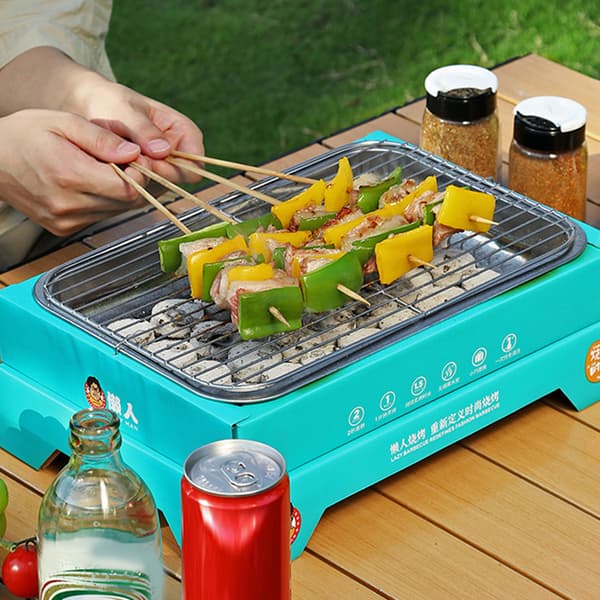 Bærbar, sammenklappelig kulgrill i rustfrit stål til camping med 30 kul, lyseblå