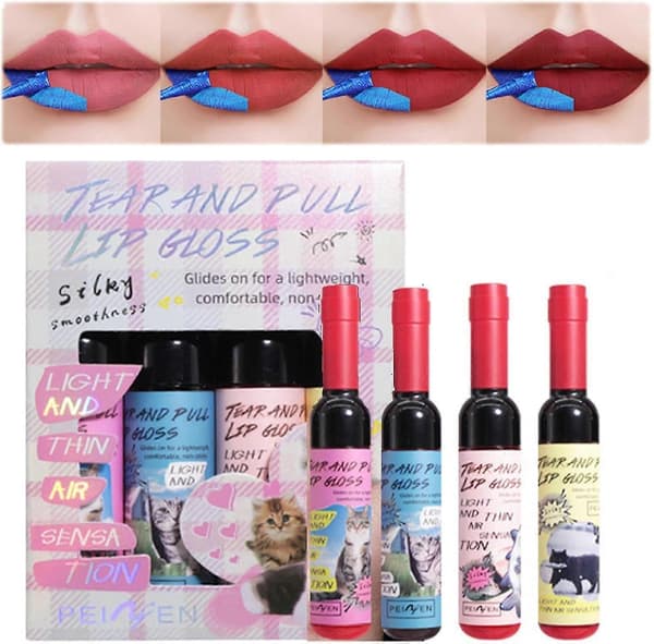 Sæt med 4 lipgloss, peel-off gloss, tatoveringseffekt læbefarve