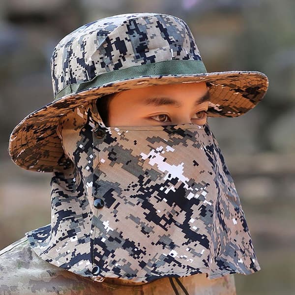 Fiskehat med solbeskyttelse, UV-skjold, justerbar, vindtæt, camouflage solhat