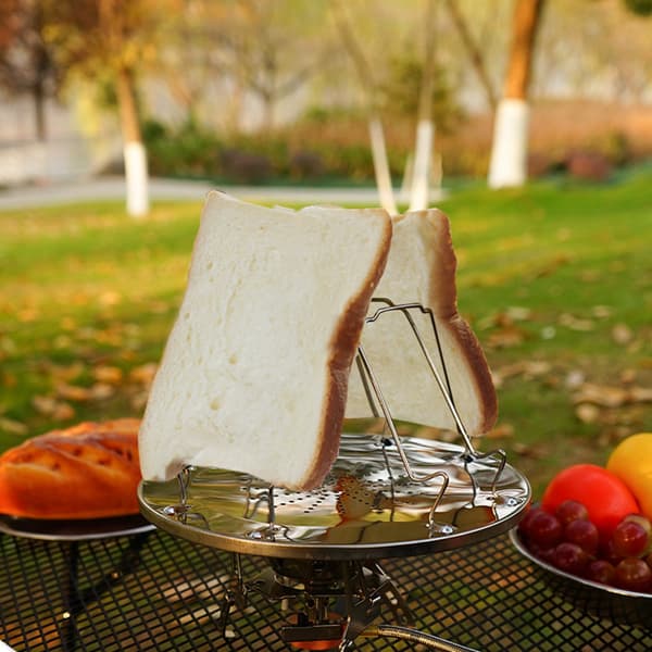 Campingbrødrister i rustfrit stål, 4 skiver, sammenklappelig, til campingkomfur, udendørs picnic