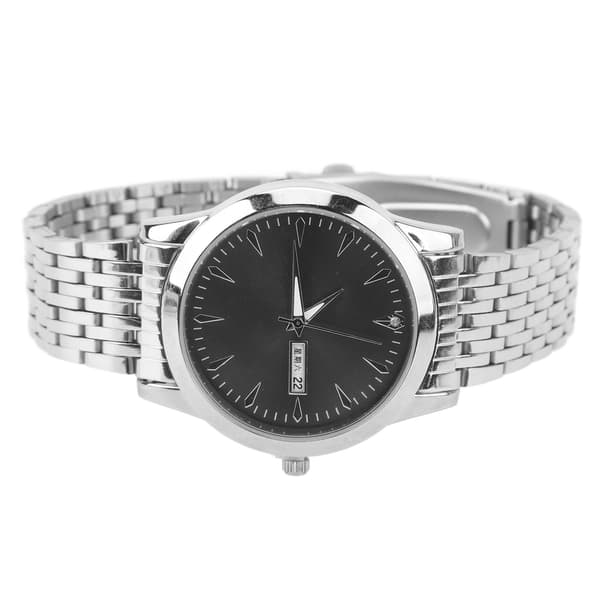 Elegant Klassisk Dual Date Herre Quartz Ur, Rustfrit Stål, Sølv Armbånd, Sort Urskive