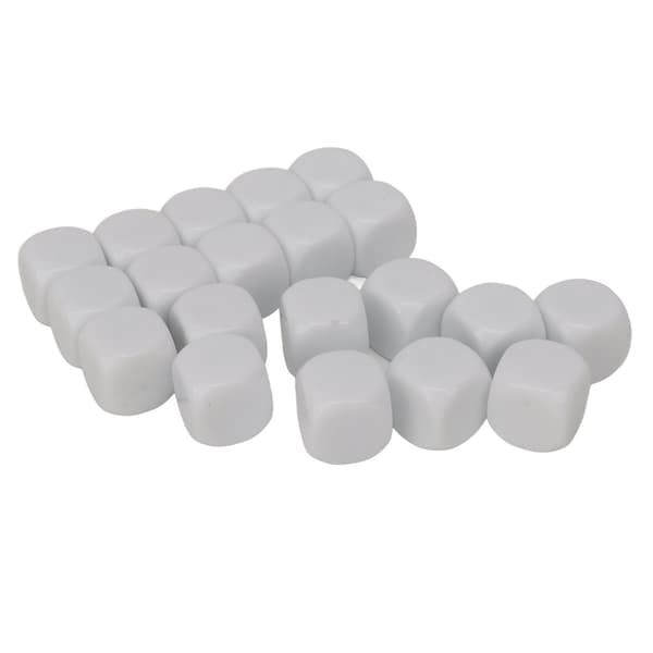 20 hvite plastterninger (16 mm) med avrundede hjørner for pedagogisk lek og brettspill