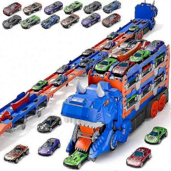 Auto- ja kuorma-autolelusetti dinosaurus-kuljetusautolla ja 12 autolelulla pojille