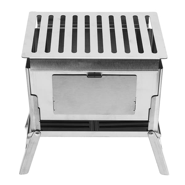 Bærbar sammenklappelig brændeovn i rustfrit stål til camping, grill og udendørs brug.