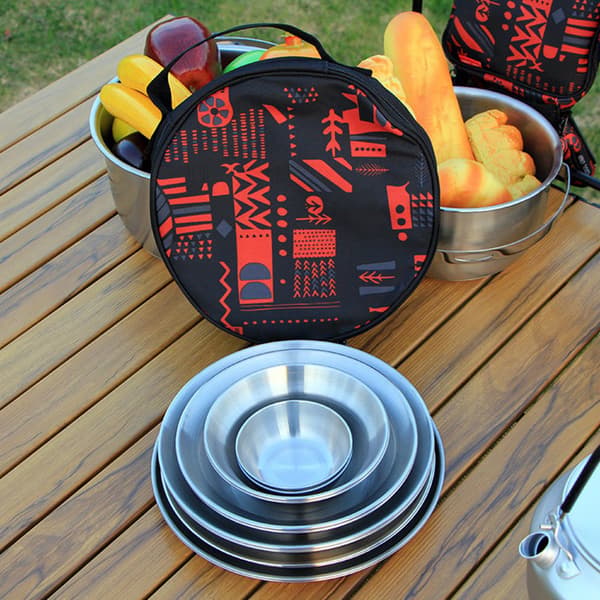12-delat bestickset i rostfritt stål, falltåligt, för camping och picknick, med bärväska