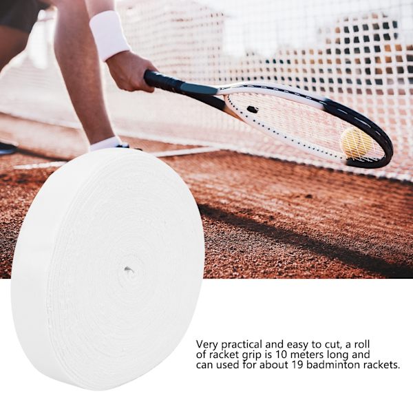 Sklisikker, svetteabsorberende grepstape for badminton- og tennisracketer, 10m, hvit polyesterfiber.