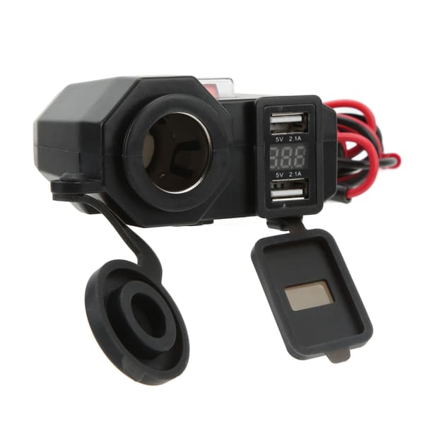 Dobbel USB Motorsykkellader 12V Vanntett med Digital Voltmeter og Sigarettuttak