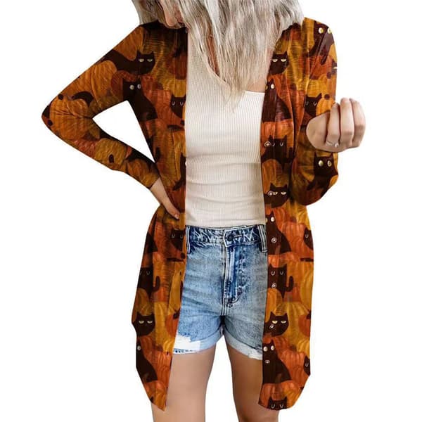 Dam Öppen Front Tyg Halloween Långärmad Casual Höst Orange Kappa M