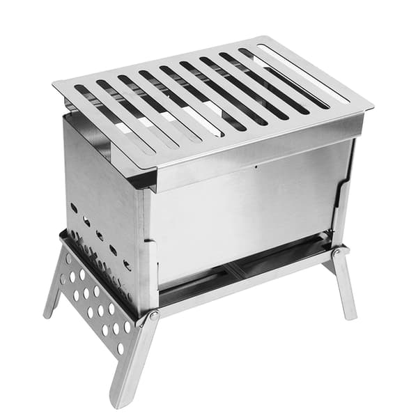 Bærbar sammenklappelig brændeovn i rustfrit stål til camping, grill og udendørs brug.
