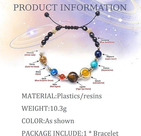 Planetarmband, Armband med solsystemets nio planeter och Vintergatan, Justerbart rep.