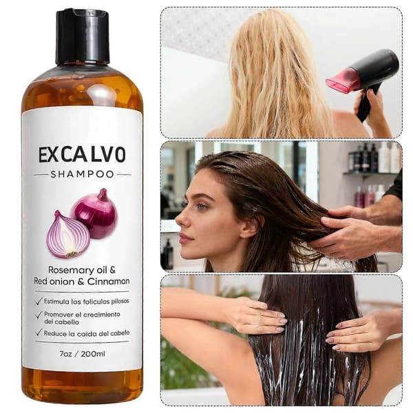Excalvo shampoo indeholder rosmarinolie, rødløg og kanel-ekstrakt.