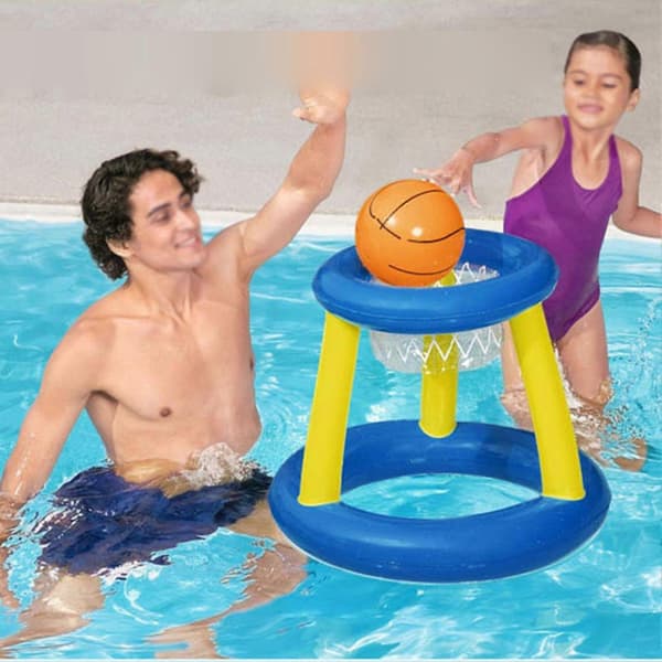 Uppblåsbart volleybollset för pool, med nät och korg, tjockt uppblåsbart poolspel, säkert och bärbart.