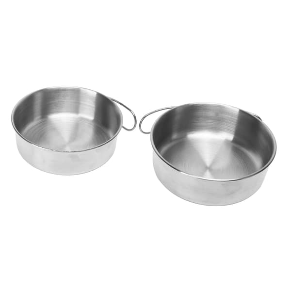 Bærbar skål i rustfritt stål med sammenleggbart håndtak for camping og matlaging.