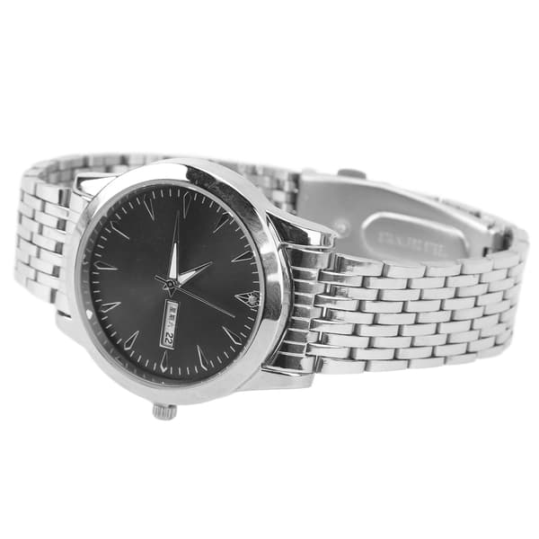 Elegant Klassisk Dual Date Herre Quartz Ur, Rustfrit Stål, Sølv Armbånd, Sort Urskive